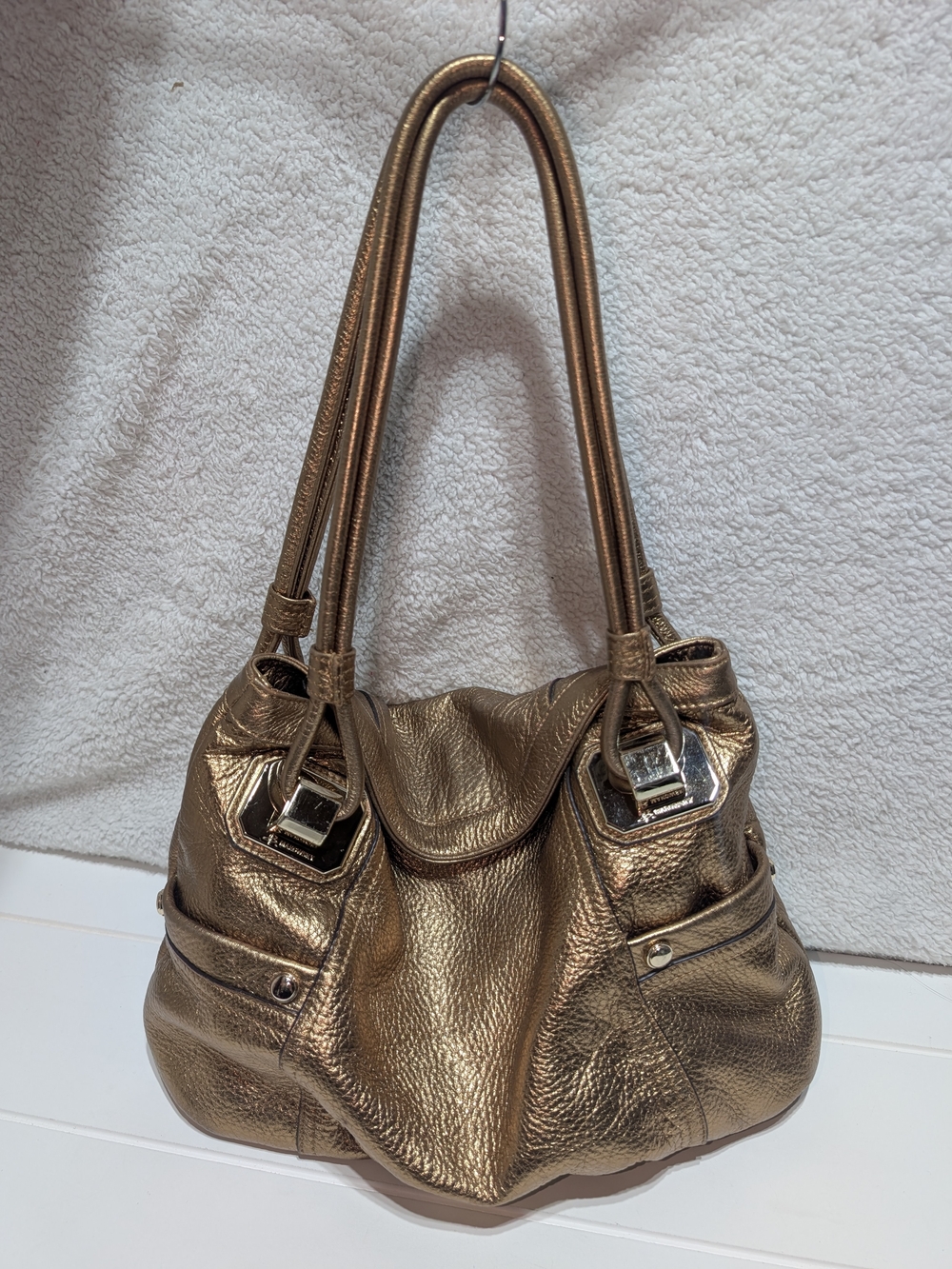 Vintage B. Makowsky Metallic Gold Double-Handle Pebble Leather Shoulder Bag